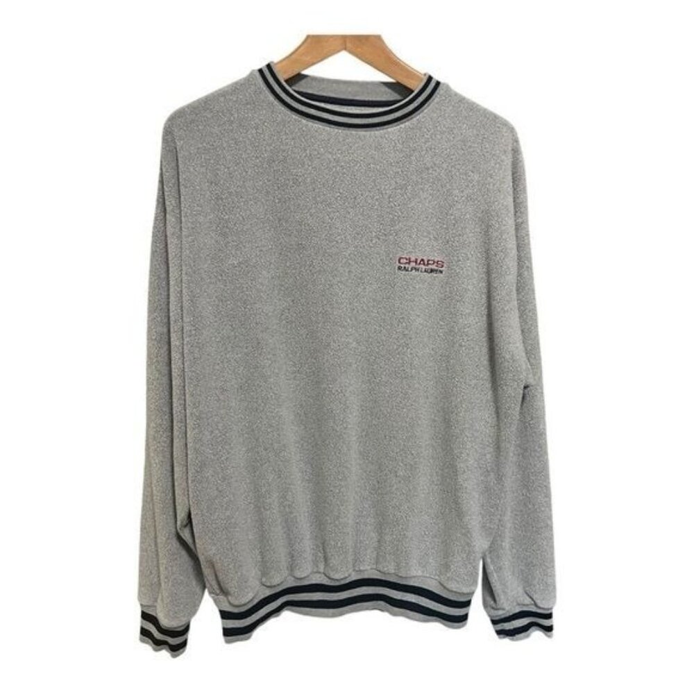 Chaps Sweatshirt Mens S Grey Striped Collar Cuffs 90s Vintage Pullover